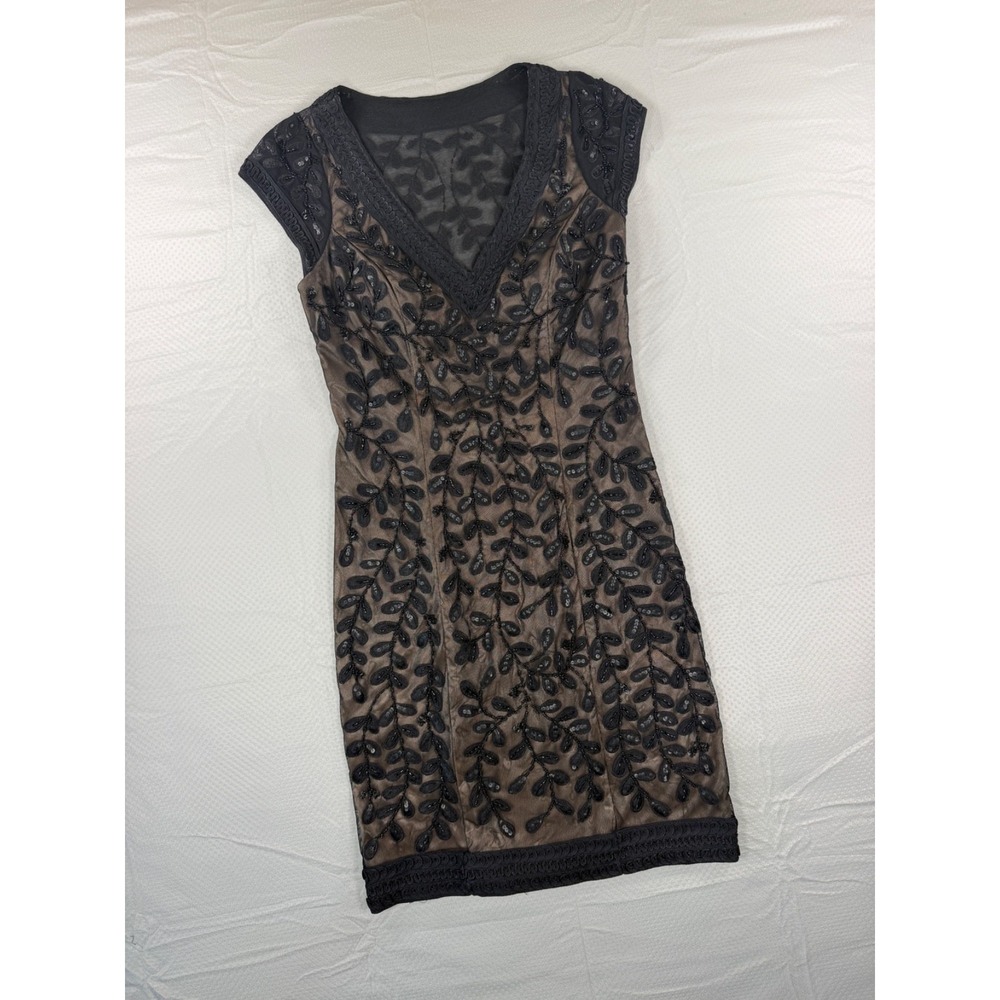 Sue Wong Nocturne Beaded Sequined Cocktail Dress Sz 4 Black Nude 1920s Style